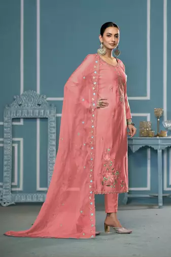 Peach roman cotton fabric embroidery, hand work ethnic salwar suit
