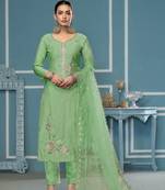Green roman cotton fabric designer embroidery, hand work ethnic salwar suit