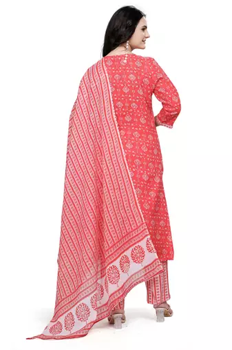 Orange rayon cotton fabric ethnic suit with printed with gotta lace work