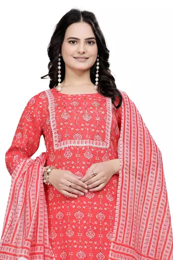 Orange rayon cotton fabric ethnic suit with printed with gotta lace work