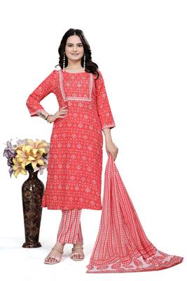 Orange rayon cotton fabric ethnic suit with printed with gotta lace work 4