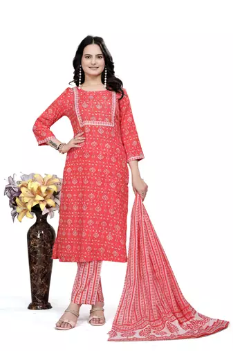 Orange rayon cotton fabric ethnic suit with printed with gotta lace work