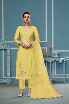 Yellow roman cotton fabric embroidery, hand work ethnic salwar suit 1