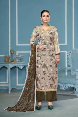 Grey organza banarasi fabric printed,hand work ethnic salwar suit 1
