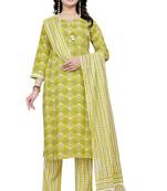 Green rayon cotton fabric ethnic suit with designer printed with gotta lace work