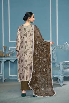 Grey organza banarasi fabric printed,hand work ethnic salwar suit 2