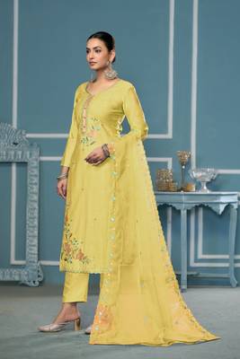 Yellow roman cotton fabric embroidery, hand work ethnic salwar suit 3