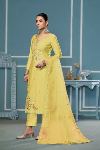 Yellow roman cotton fabric embroidery, hand work ethnic salwar suit
