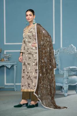 Grey organza banarasi fabric printed,hand work ethnic salwar suit 3