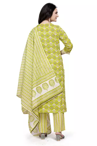 Green rayon cotton fabric ethnic suit with printed with gotta lace work