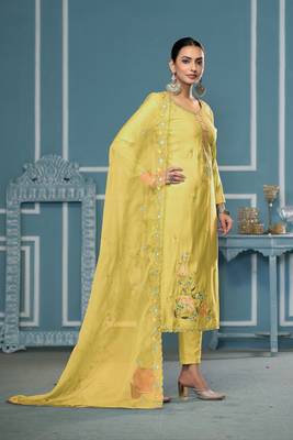 Yellow roman cotton fabric embroidery, hand work ethnic salwar suit 4