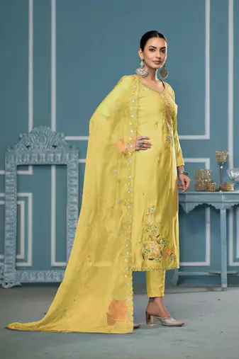Yellow roman cotton fabric embroidery, hand work ethnic salwar suit