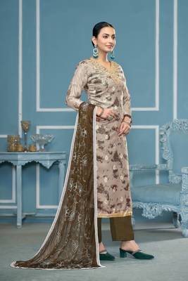 Grey organza banarasi fabric printed,hand work ethnic salwar suit 4