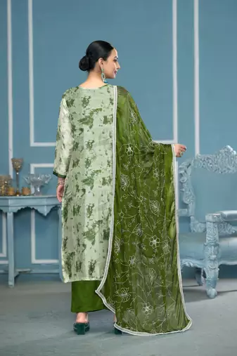 Green organza banarasi fabric printed,hand work ethnic salwar suit