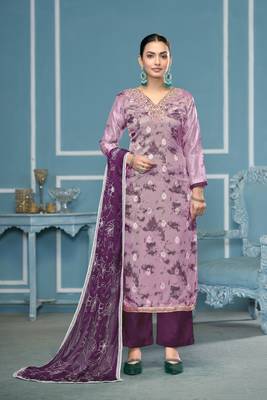 Purple organza banarasi fabric printed,hand work ethnic salwar suit 1