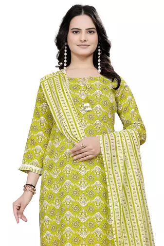 Green rayon cotton fabric ethnic suit with printed with gotta lace work