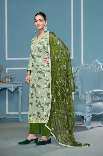 Green organza banarasi fabric printed,hand work ethnic salwar suit