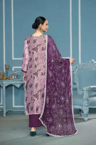 Purple organza banarasi fabric printed,hand work ethnic salwar suit
