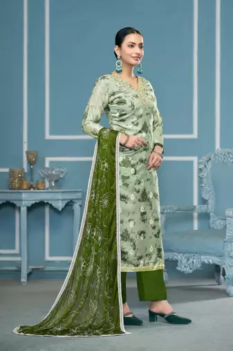 Green organza banarasi fabric printed,hand work ethnic salwar suit