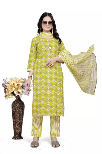 Green rayon cotton fabric ethnic suit with printed with gotta lace work