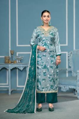 Blue organza banarasi fabric printed,hand work ethnic salwar suit 1