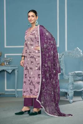 Purple organza banarasi fabric printed,hand work ethnic salwar suit 3
