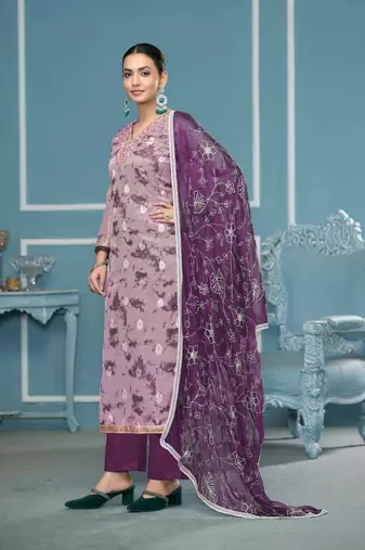 Purple organza banarasi fabric printed,hand work ethnic salwar suit