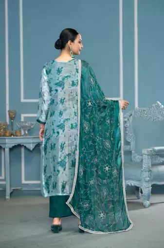 Blue organza banarasi fabric printed,hand work ethnic salwar suit