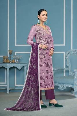 Purple organza banarasi fabric printed,hand work ethnic salwar suit 4