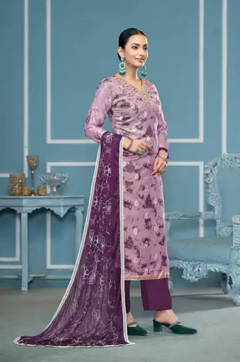 Purple organza banarasi fabric printed,hand work ethnic salwar suit