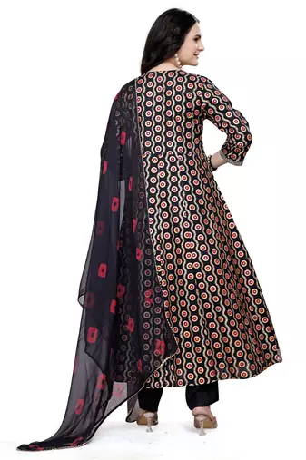 Black rayon cotton fabric ethnic suit with printed with embroidery work