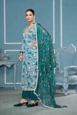 Blue organza banarasi fabric printed,hand work ethnic salwar suit 3