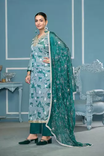 Blue organza banarasi fabric printed,hand work ethnic salwar suit