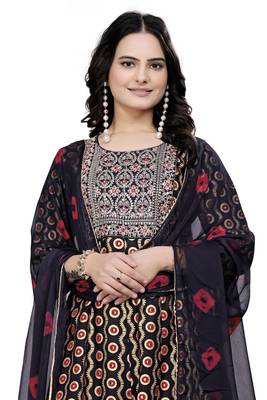 Black rayon cotton fabric ethnic suit with printed with embroidery work 3