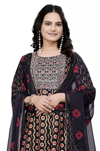 Black rayon cotton fabric ethnic suit with printed with embroidery work