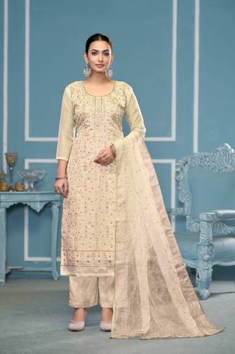 Off white viscose organza fabric designer hand work ethnic salwar suit