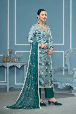 Blue organza banarasi fabric printed,hand work ethnic salwar suit 4