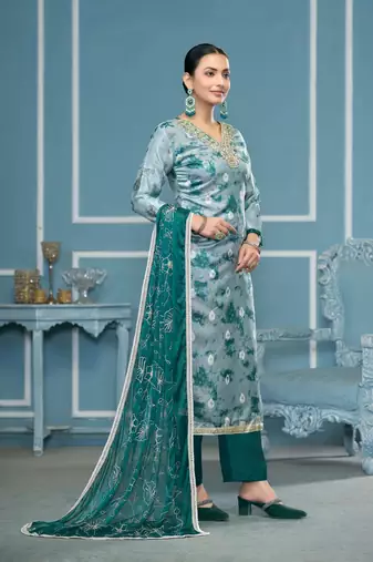 Blue organza banarasi fabric printed,hand work ethnic salwar suit