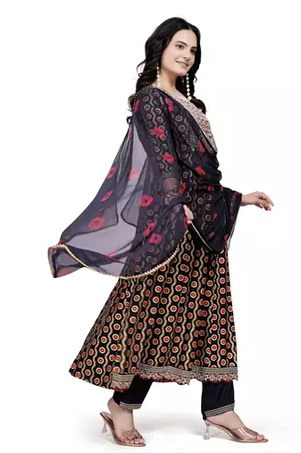 Black rayon cotton fabric ethnic suit with printed with embroidery work