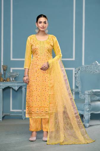 Mustard viscose organza fabric designer hand work ethnic salwar suit