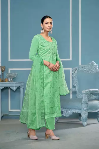 Sea green viscosee organza fabric hand work ethnic salwar suit
