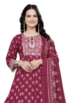 Burgundy rayon cotton fabric ethnic suit with designer printed with embroidery work 3