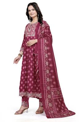 Burgundy rayon cotton fabric ethnic suit with designer printed with embroidery work 4