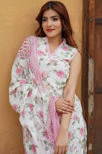 Pink cotton slub fabric printed festive special readymade suit