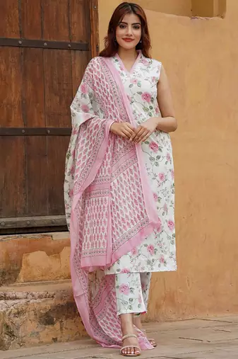 Pink cotton slub fabric printed festive special readymade suit