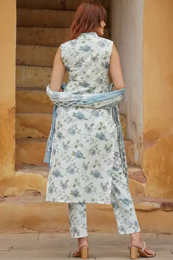 Blue cotton slub fabric printed festive special readymade suit