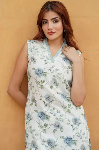 Blue cotton slub fabric printed festive special readymade suit