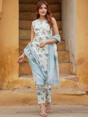 Blue cotton slub fabric printed festive special readymade suit 4