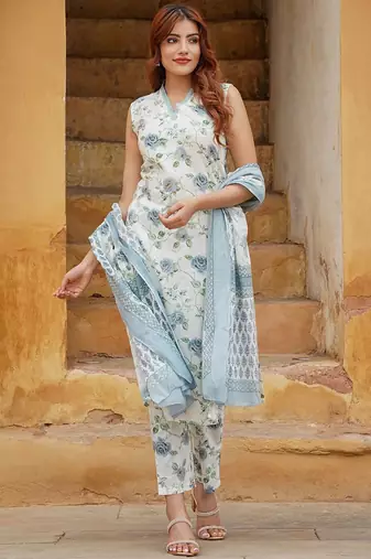Blue cotton slub fabric printed festive special readymade suit