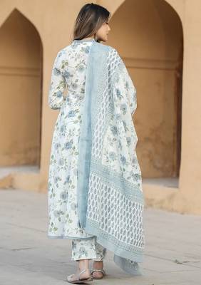 Blue cotton slub fabric printed festive special readymade suit 2